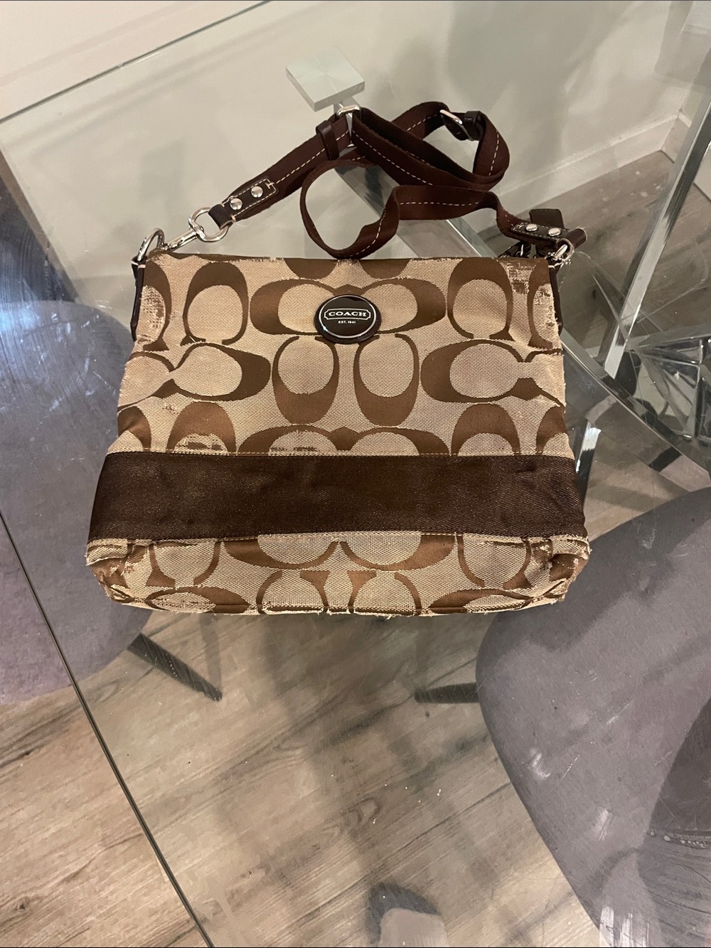 Coach Brown Signature Canvas Crossbody Bag with Dark Brown Trim